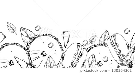 Cocoa dragees, chocolate bar pieces and macarons, whoopie pies, sprigs of mint in seamless hand drawn vector ink header. Isolated for endless dessert banners, kitchen fabric trims, culinary branding 130364301