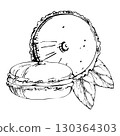 Fresh mint leaves with French macarons, herbal garnish for mousse filled whoopie pies. Isolated illustration hand drawn in vector ink. Dessert package templates, wedding favor labels, artisanal brand. 130364303