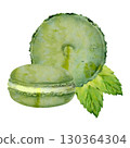 Mint leaves with French macarons, herb garnish for cream filled whoopie pies. Isolated illustration hand drawn in watercolor. Bakery logos, pastry gourmet recipe book art, spring-themed marketing. 130364304