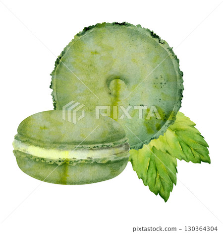 Mint leaves with French macarons, herb garnish for cream filled whoopie pies. Isolated illustration hand drawn in watercolor. Bakery logos, pastry gourmet recipe book art, spring-themed marketing. 130364304