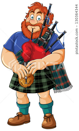 Cartoon Scottish Man Playing Bagpipes in Tartan Kilt Cartoon Scottish Man Playing Bagpipes in Tartan Kilt 130364344