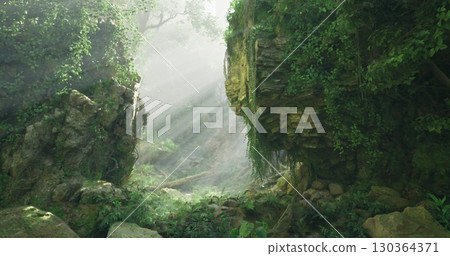Bright rays of sunlight stream through a lush green forest, illuminating moss covered rocks and vibrant plants, creating a tranquil atmosphere amidst natures beauty. 130364371