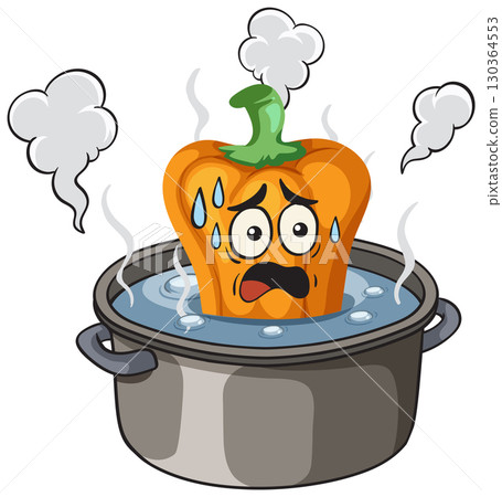 Cartoon Bell Pepper in Boiling Pot with Steam 130364553
