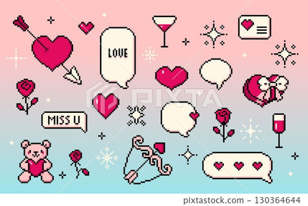 Cute 8 bit set with pixel valentine retro icons Cute 8 bit set with pixel valentine retro icons 130364644