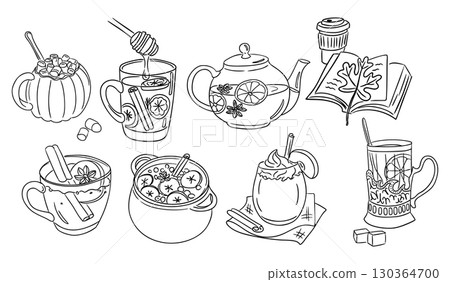 Black and white illustration of cozy fall drinks, mugs, teapot and seasonal ingredients 130364700