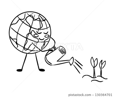 Cute doodle of Earth character watering young sprouts with a watering can 130364701