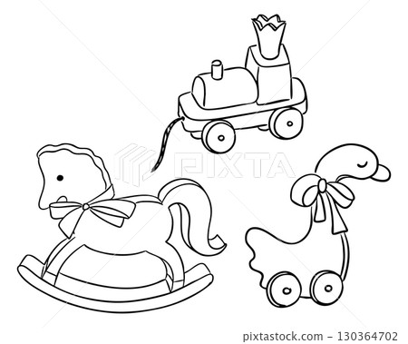 Line drawing of vintage baby toys including a rocking horse, pull-along duck and train Line drawing of vintage baby toys including a rocking horse, pull-along duck and train 130364702