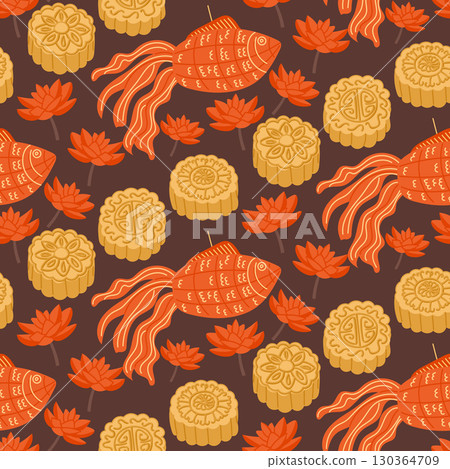Seamless pattern with mooncakes, koi fish lanterns and lotus flowers on dark background 130364709