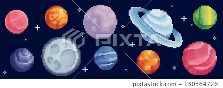 Colorful pixel planet set with space elements Colorful pixel planet set with space elements 130364726