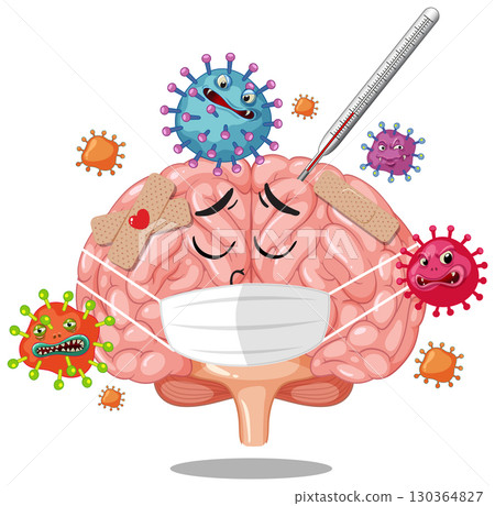 Sick Brain With Mask Surrounded by Virus Cartoon Illustration 130364827