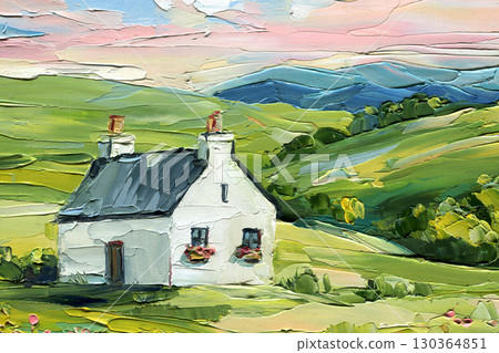 white cottage in green rolling hills impasto oil painting countryside landscape textured canvas rural summer meadow wall art decor 130364851