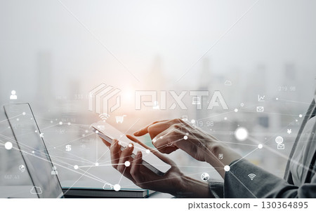 Woman using smartphone and communication network concept Woman using smartphone and communication network concept 130364895