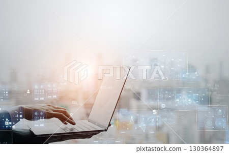 Woman using laptop and digital technology concept 130364897