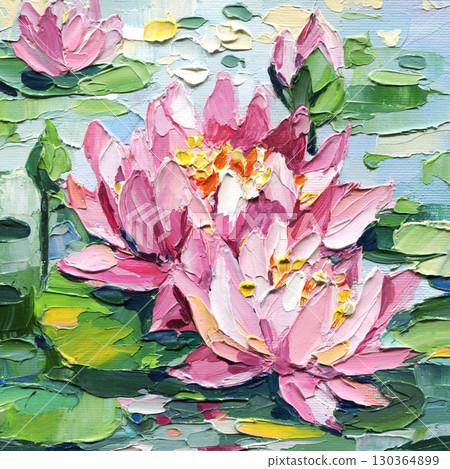 pink water lilies impasto oil painting floral artwork with textured petals on pond water and green leaves impressionist style pink water lilies impasto oil painting floral artwork with textured petals on pond water and green leaves impressionist style 130364899