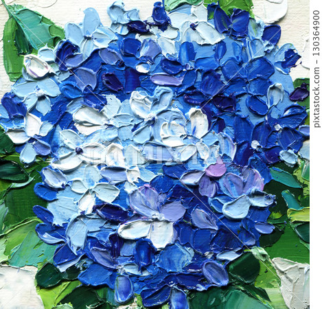 blue hydrangea bouquet impasto oil painting with textured petals and green leaves floral artwork for botanical wall decor blue hydrangea bouquet impasto oil painting with textured petals and green leaves floral artwork for botanical wall decor 130364900