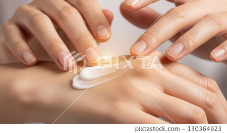 Close-up of hands applying moisturizing cream on skin, showcasing smooth texture and gentle touch, highlighting skincare routine and self-care practices for healthy skin 130364923