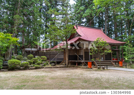 Shinmei Shrine surrounded by forest trees in Takayama, Japan 130364998