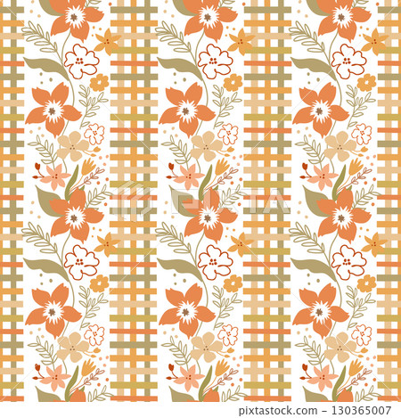 Autumn floral checkered seamless pattern. Cute seasonal vector flowers, leaves, stripes. Fall texture, wallpaper Autumn floral checkered seamless pattern. Cute seasonal vector flowers, leaves, stripes. Fall texture, wallpaper 130365007