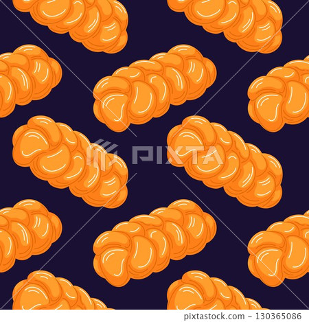 Seamless pattern of braided challah bread loaf on dark background symbolizing Jewish Rosh Hashanah holiday, tradition and festive celebration in cartoon style. 130365086