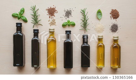 different types of cooking oil. Assorted bottles of olive oil arranged with fresh herbs and spices on wooden surface, showcasing culinary ingredients and flavors 130365166