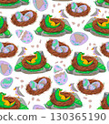 Seamless pattern with green baby dragons in nests, purple dragon eggs and grey birds on white background. Watercolor illustration. Suitable for children products, textiles, wrapping, posters, books. 130365190