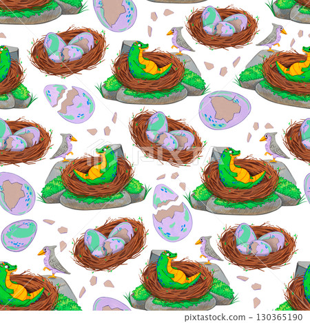 Seamless pattern with green baby dragons in nests, purple dragon eggs and grey birds on white background. Watercolor illustration. Suitable for children products, textiles, wrapping, posters, books. 130365190