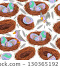 Seamless pattern with brown nests, purple dragon eggs, grey birds and feathers on white background. Watercolor illustration. Suitable for children products, textiles, wrapping, posters, fantasy books. 130365192