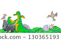 Green dragon with baby dragon, grey birds, cracked purple eggs and grass on stones. Watercolor illustration animal. Suitable for fantasy themes, postcards, posters, stickers and educational materials. 130365193