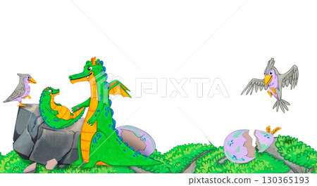 Green dragon with baby dragon, grey birds, cracked purple eggs and grass on stones. Watercolor illustration animal. Suitable for fantasy themes, postcards, posters, stickers and educational materials. Green dragon with baby dragon, grey birds, cracked purple eggs and grass on stones. Watercolor illustration animal. Suitable for fantasy themes, postcards, posters, stickers and educational materials. 130365193