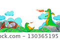 Green dragons breathing fire with nest, purple eggs, grass, stones and blue clouds on white background. Watercolor illustration fantasy animal. Suitable for fantasy themes, postcard, poster, stickers. 130365195