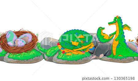Green dragons, nest of purple eggs resting on grass and stones on white background. Watercolor illustration fantasy animal. Suitable for fantasy themes, postcards, posters, stickers, childrens goods. Green dragons, nest of purple eggs resting on grass and stones on white background. Watercolor illustration fantasy animal. Suitable for fantasy themes, postcards, posters, stickers, childrens goods. 130365198