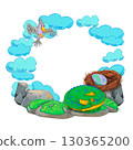 Frame with blue clouds, grey bird, green dragon sleeping near nest with purple egg on stones and grass. Watercolor illustration. Suitable for fantasy themes, postcards, posters, invitations. 130365200