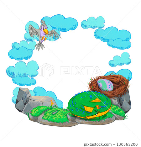 Frame with blue clouds, grey bird, green dragon sleeping near nest with purple egg on stones and grass. Watercolor illustration. Suitable for fantasy themes, postcards, posters, invitations. Frame with blue clouds, grey bird, green dragon sleeping near nest with purple egg on stones and grass. Watercolor illustration. Suitable for fantasy themes, postcards, posters, invitations. 130365200