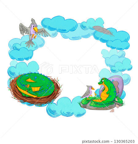 Round frame with blue clouds, grey bird, green dragons resting near nest and purple egg. Watercolor illustration. Suitable for fantasy themes, postcards, posters, invitations, stickers and decor. Round frame with blue clouds, grey bird, green dragons resting near nest and purple egg. Watercolor illustration. Suitable for fantasy themes, postcards, posters, invitations, stickers and decor. 130365203