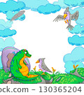 Frame with blue clouds, green dragon, grey birds, purple egg and grass on stones. Watercolor illustration. Suitable for fantasy themes, postcards, posters, invitations, stickers and decorative design. 130365204