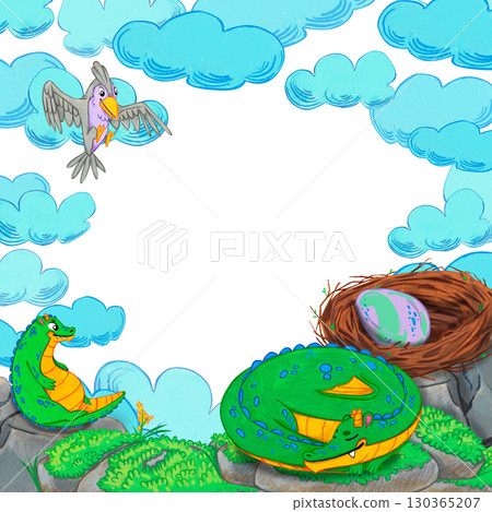 Frame with blue clouds, green dragons, grey bird, nest with purple egg on grass and stones. Watercolor illustration. Suitable for books, fantasy themes, postcards, posters, invitations, stickers. Frame with blue clouds, green dragons, grey bird, nest with purple egg on grass and stones. Watercolor illustration. Suitable for books, fantasy themes, postcards, posters, invitations, stickers. 130365207