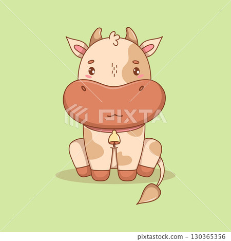 Cute Little Sitting Cow with Bell. Adorable happy Kawaii Animal. Vector illustration. Kids collection. Not AI 130365356