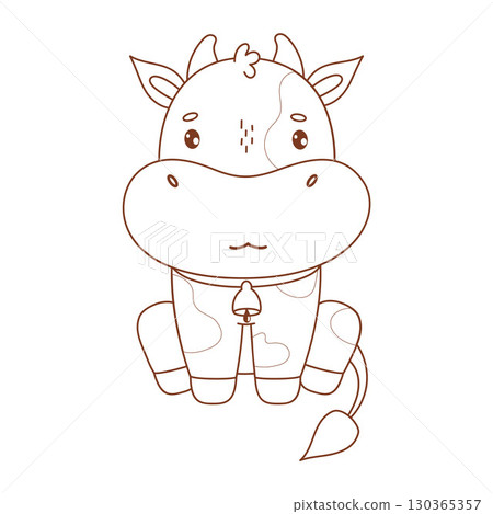Outline Cute Little Sitting Cow with Bell. Adorable happy Kawaii Animal. Line drawing, coloring book. Vector illustration. Kids collection. Not AI 130365357