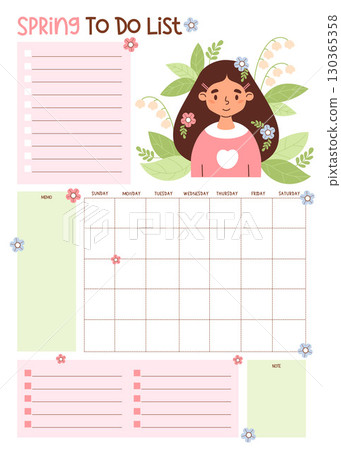 Spring Planner. Cute Girl with Flowers lily of the valley. Female Organizer for grid Calendar Month, To-Do list and Note, memo. Kids Seasonal Vertical printable Template. Vector illustration. Not AI 130365358