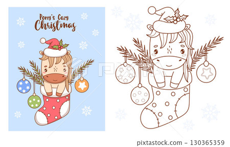 Cute New Year Pony in Santa hat In Christmas Stocking set. Outline and Color drawing, Coloring book. Isolated Funny kawaii animal. Horse Symbol 2026 to Eastern calendar. Vector illustration. Not AI Cute New Year Pony in Santa hat In Christmas Stocking set. Outline and Color drawing, Coloring book. Isolated Funny kawaii animal. Horse Symbol 2026 to Eastern calendar. Vector illustration. Not AI 130365359