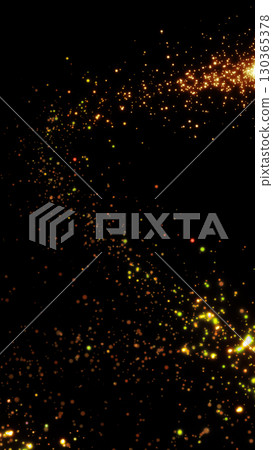 Glowing golden particles swirling through a dark void, forming a luminous trail with a sense of dynamic motion 130365378