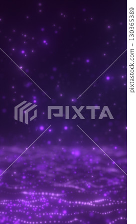 Abstract digital background with glowing purple particles forming waves and scattered light dots 130365389