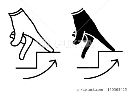 Linear icon. Human hand climbs up a ladder with its fingers walking on steps. Simple black and white vector isolated on white background Linear icon. Human hand climbs up a ladder with its fingers walking on steps. Simple black and white vector isolated on white background 130365415