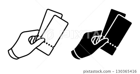 Linear icon. Spectator presents tickets to enter a concert circus performance. Simple black and white vector isolated on white background Linear icon. Spectator presents tickets to enter a concert circus performance. Simple black and white vector isolated on white background 130365416