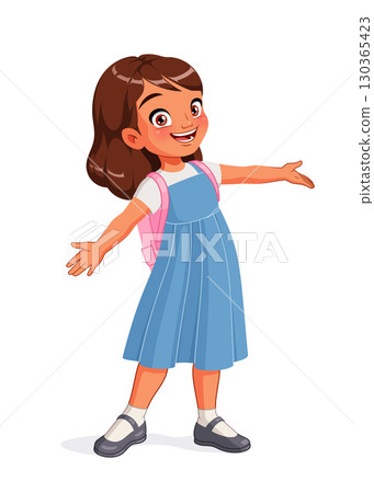Happy cute Indian girl greeting with open arms. Cartoon vector illustration. Happy cute Indian girl greeting with open arms. Cartoon vector illustration. 130365423