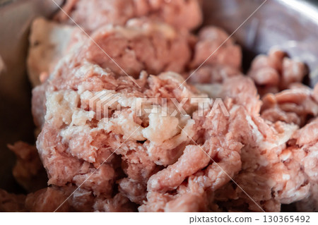 Fresh raw ground meat in a bowl for preparing delicious homemade cutlets, highlighting quality ingredients and home cooking for healthy meal preparation Fresh raw ground meat in a bowl for preparing delicious homemade cutlets, highlighting quality ingredients and home cooking for healthy meal preparation 130365492