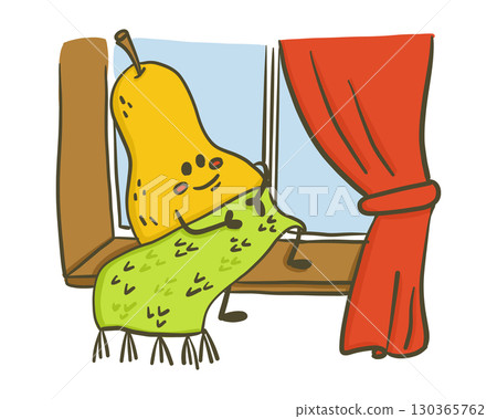 Cute pear character hugging a green blanket while sitting on a windowsill with red curtains 130365762