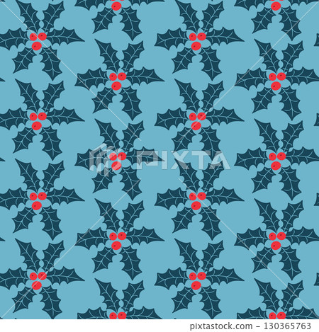 Seamless pattern with holly leaves and red berries on a blue background in festive style 130365763
