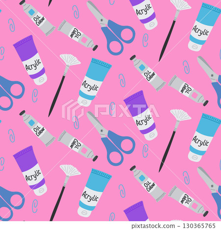 Seamless pattern with scissors, brushes, acrylic and oil paints on a pink background in a playful design 130365765