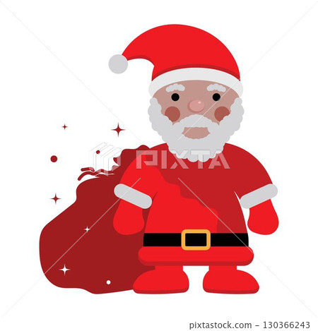Funny happy Santa Claus character with gift, bag with presents, waving and greeting. Funny happy Santa Claus character with gift, bag with presents, waving and greeting. 130366243